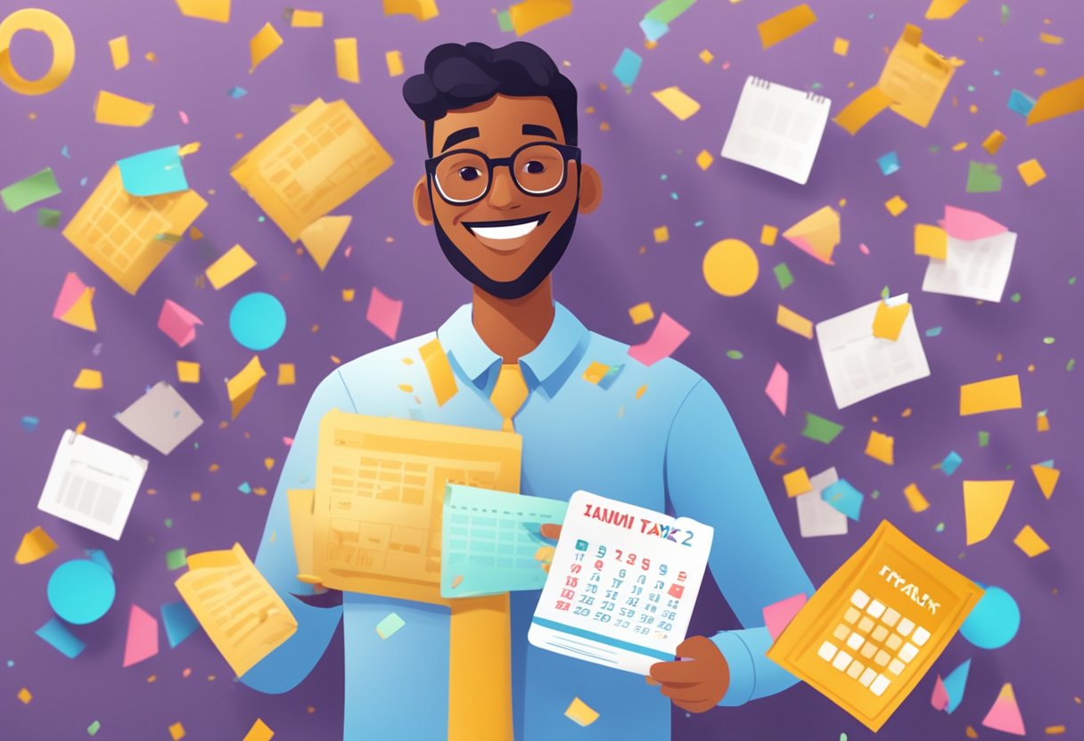 A person holding a tax form with a smile, surrounded by confetti and a calendar showing the next year