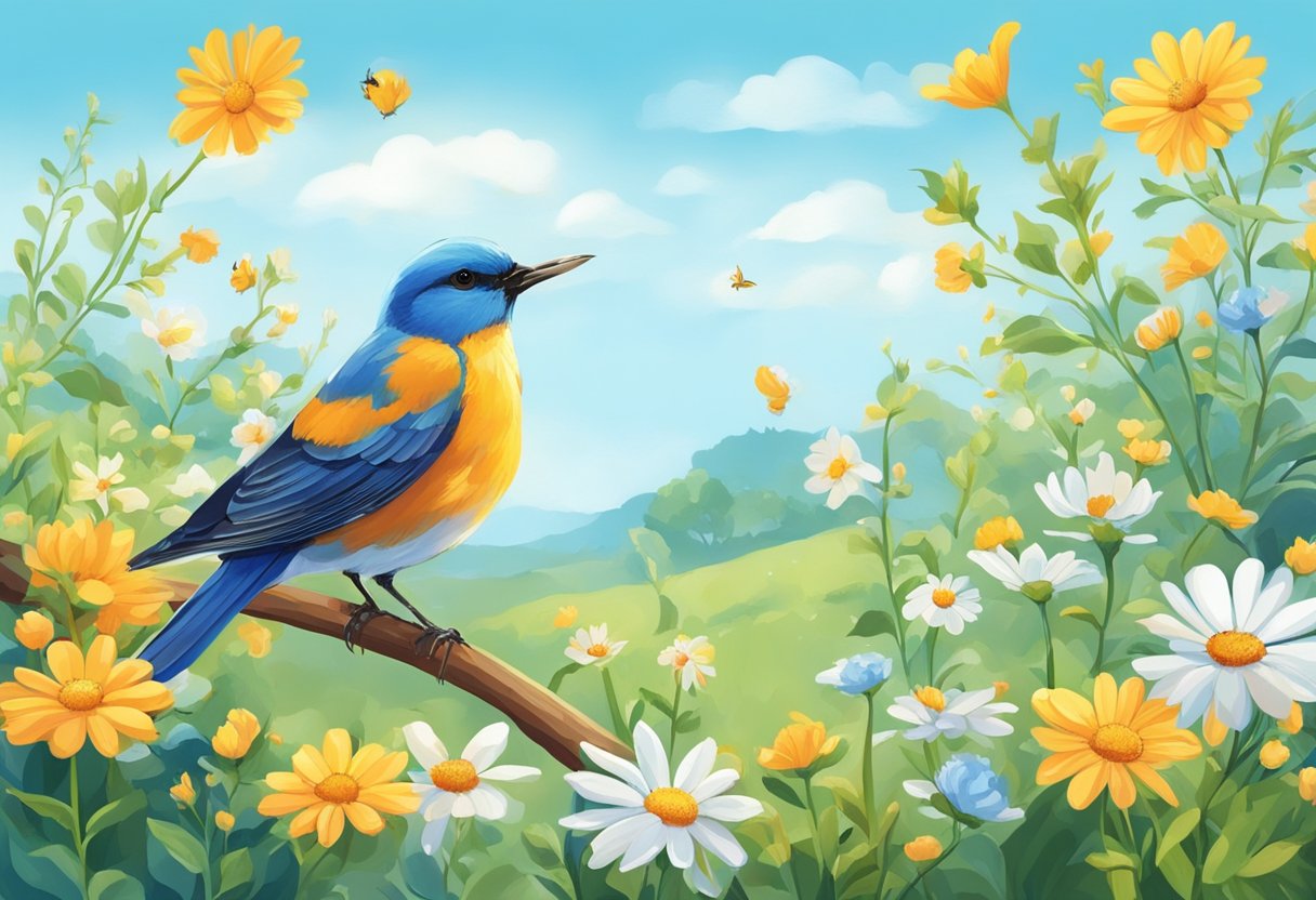 A bright and cheerful morning scene with a bird happily pecking at a worm, surrounded by blooming flowers and a clear blue sky