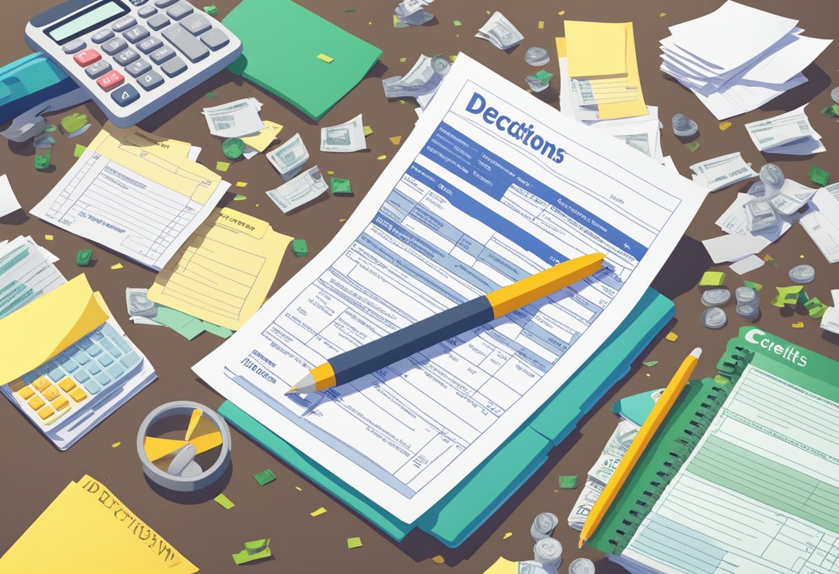 A pile of tax forms and receipts scattered on a desk, with a calculator and colorful folders labeled "deductions" and "credits."