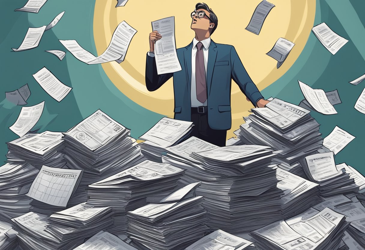 A person stands triumphantly on top of a defeated IRS beast, surrounded by piles of tax documents and a calendar showing the next year