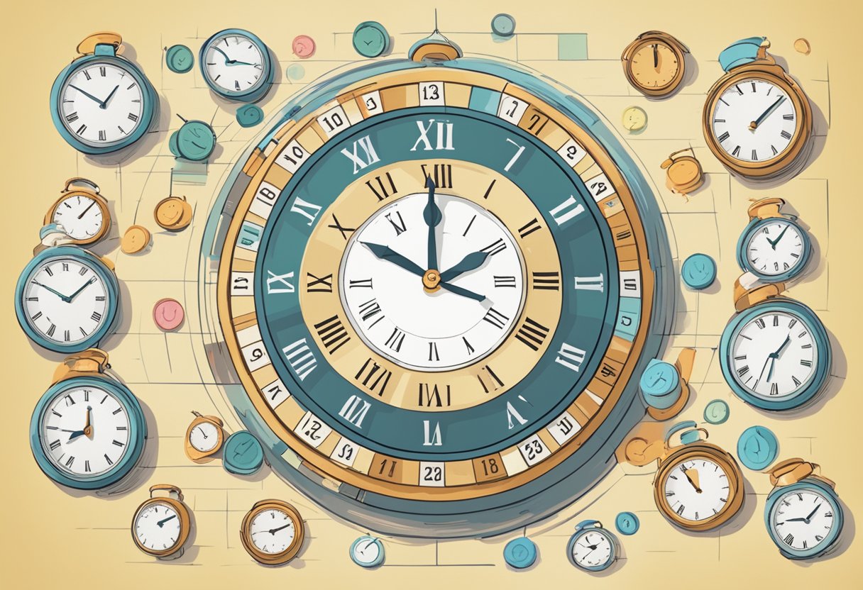 A calendar with tax deadlines circled, surrounded by clocks set to different times