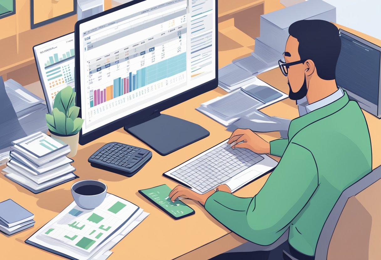 A person using a computer to organize tax documents with a calendar and financial software open for planning next year's taxes
