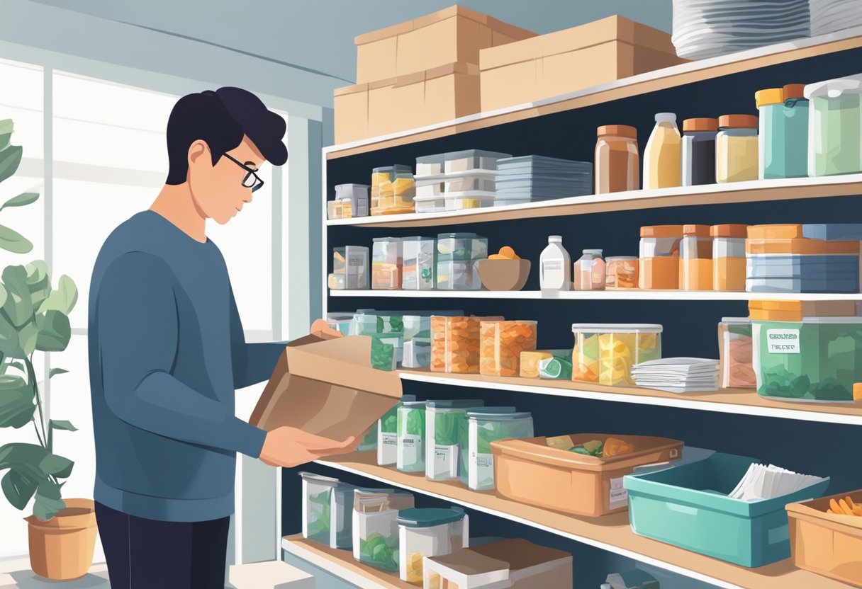 A person carefully organizing emergency supplies in a well-stocked pantry, with a calendar and financial documents nearby for planning