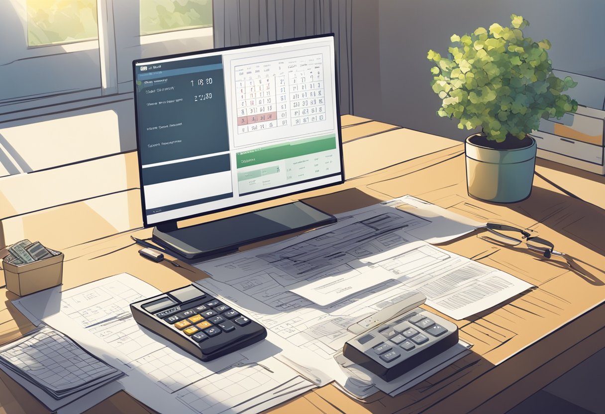 A desk with a calculator, tax forms, and a calendar. A computer screen shows financial software. Sunlight streams in through a window
