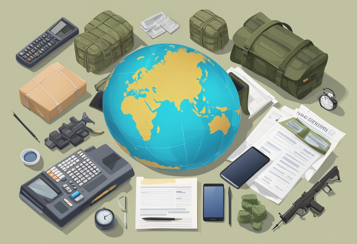 A globe surrounded by military gear and travel items, with tax documents and calculators scattered around