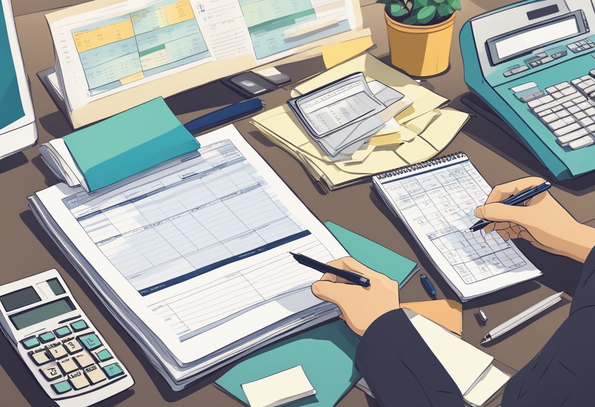 A desk cluttered with tax forms, a calculator, and a calendar. A person's hand holding a pen, writing in a notebook. A computer screen displaying tax software