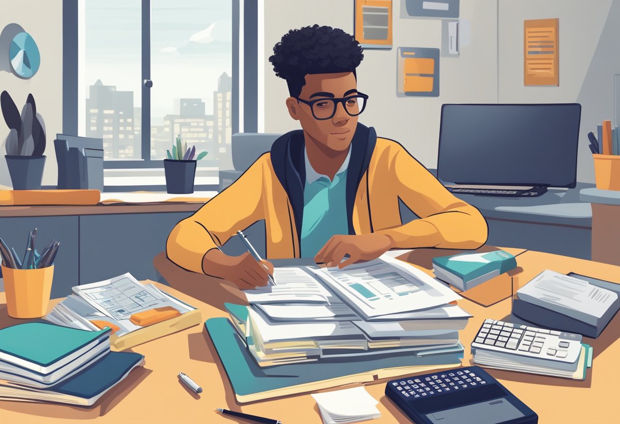 A student sitting at a desk, surrounded by textbooks and financial documents, with a calculator and laptop open, researching student loan and tax strategies for the future