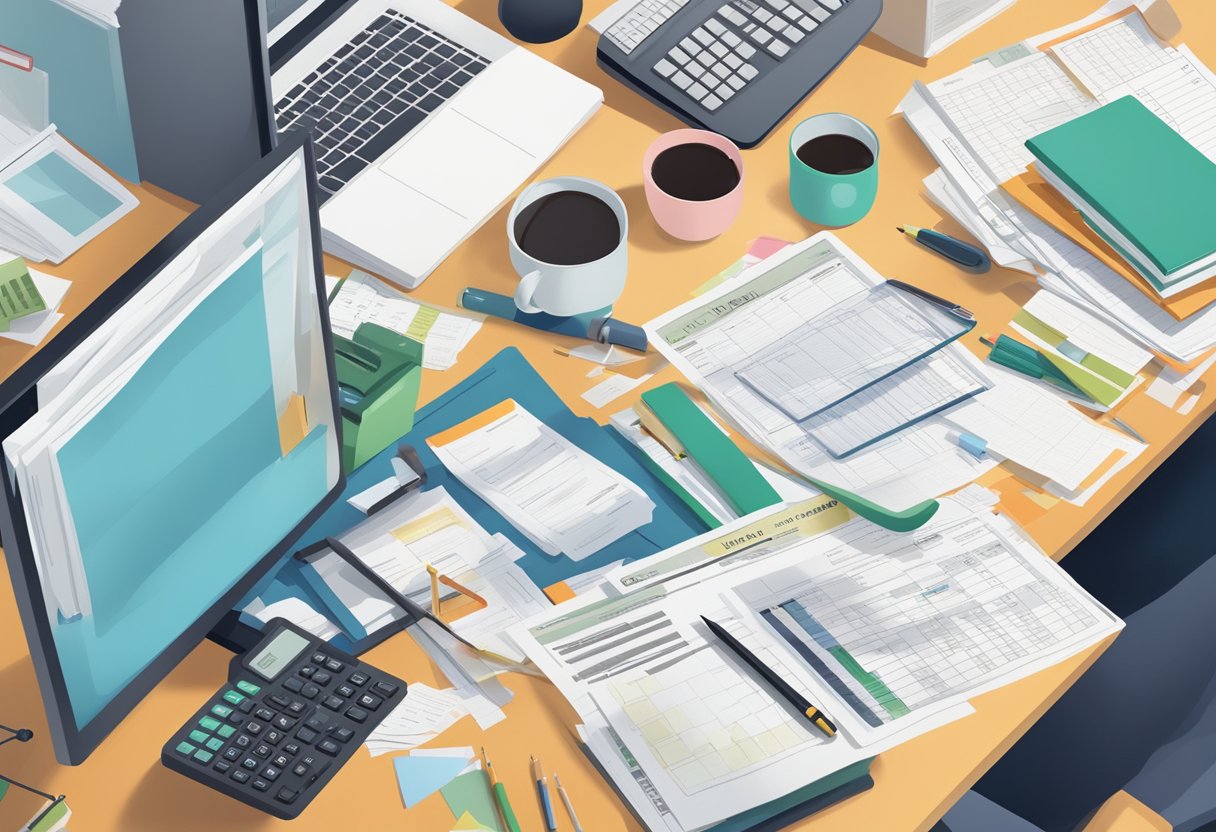 A desk cluttered with tax documents, a calendar marked with important deadlines, and a computer open to a financial planning website