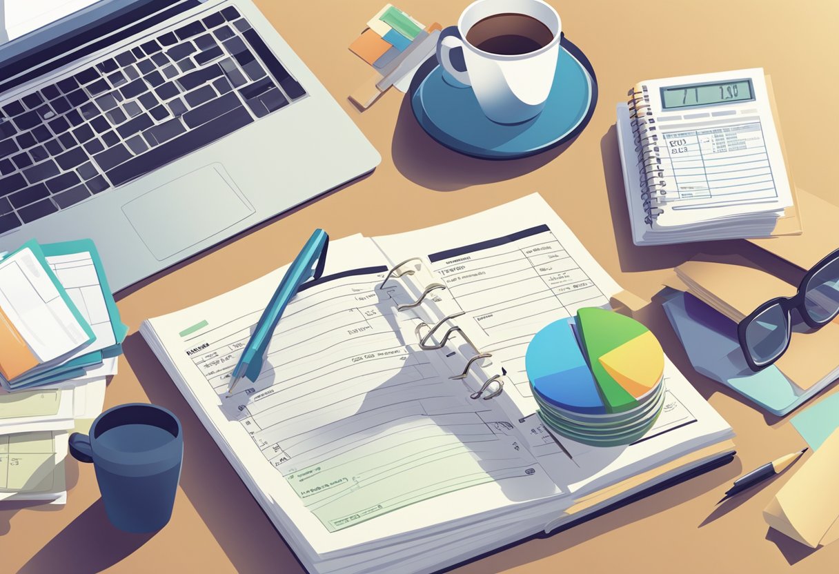 A desk with a laptop, calculator, and tax forms. A calendar showing the current month and next year. A stack of financial planning books nearby