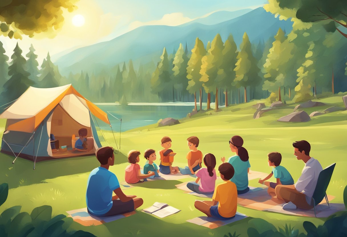 A sunny summer camp with kids playing and learning, surrounded by nature. A family discusses tax benefits with a financial advisor