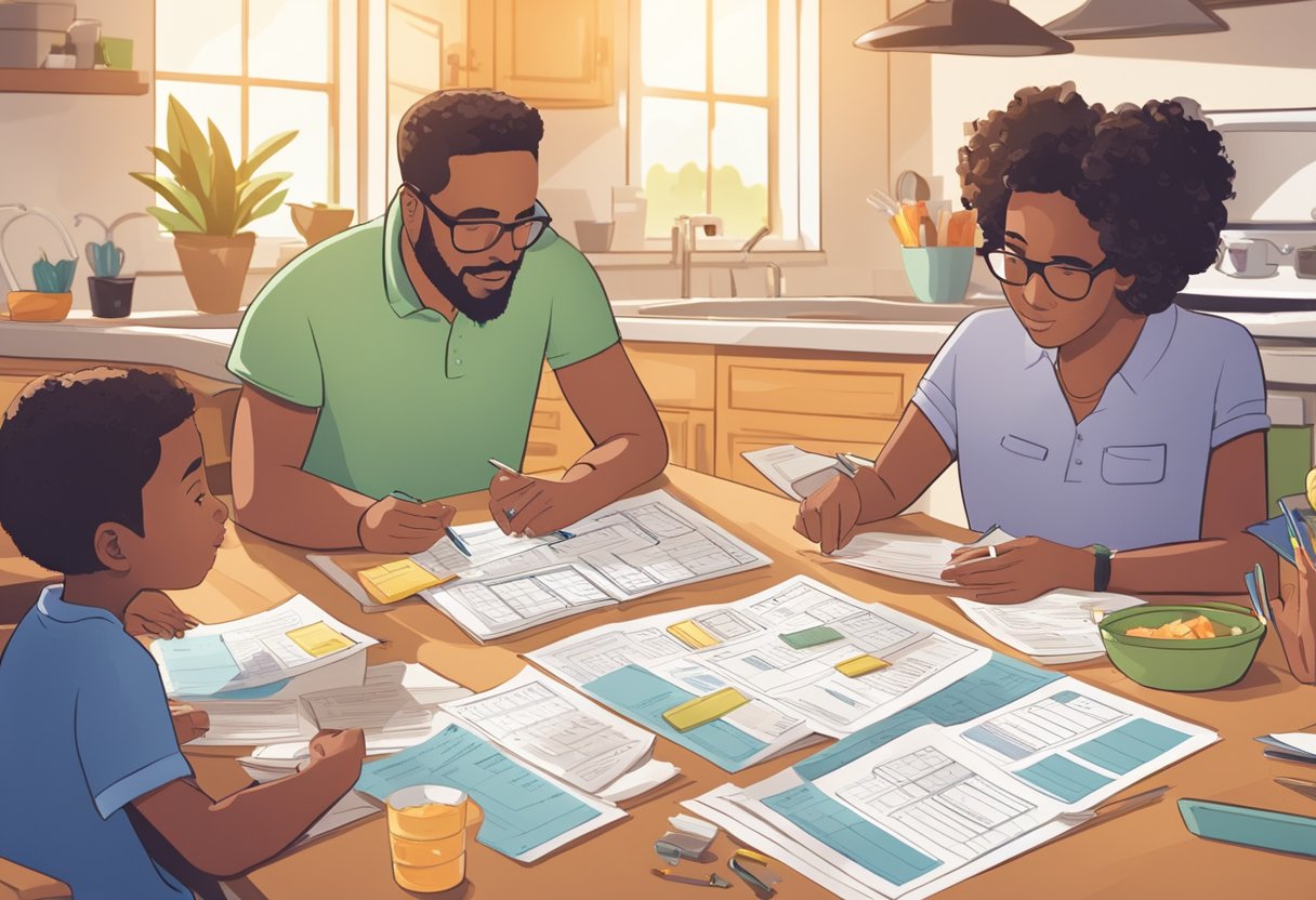 A family sits at a kitchen table, surrounded by tax forms and receipts. A calendar with summer camp dates is highlighted. They discuss maximizing tax benefits