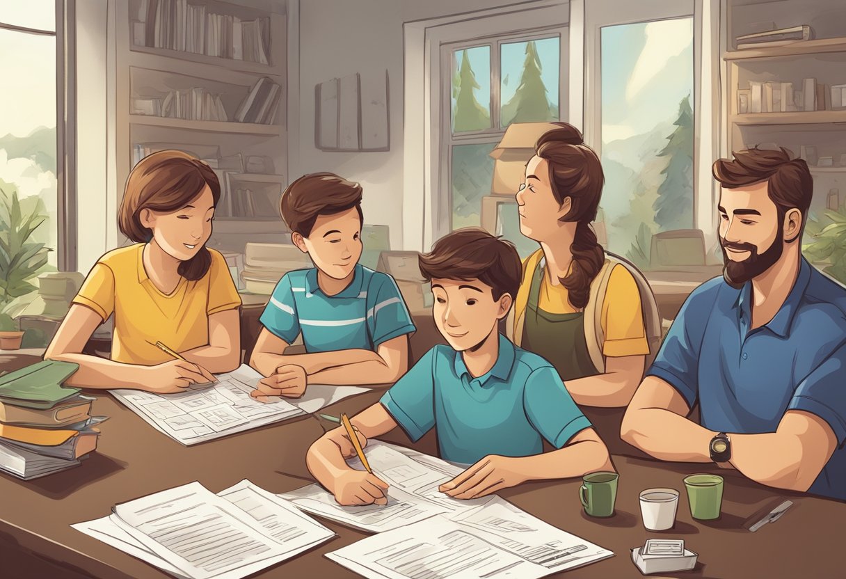 A family sitting around a table, discussing summer camp costs. A calculator and tax forms are spread out, with a sense of determination and focus in the air