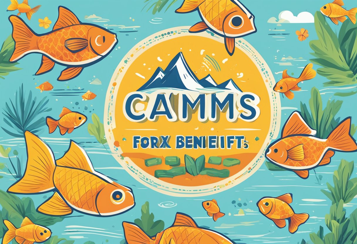 A colorful summer camp flyer with a bold headline and playful illustrations of kids and activities. A crossed-out goldfish symbol emphasizes the tax benefit for families