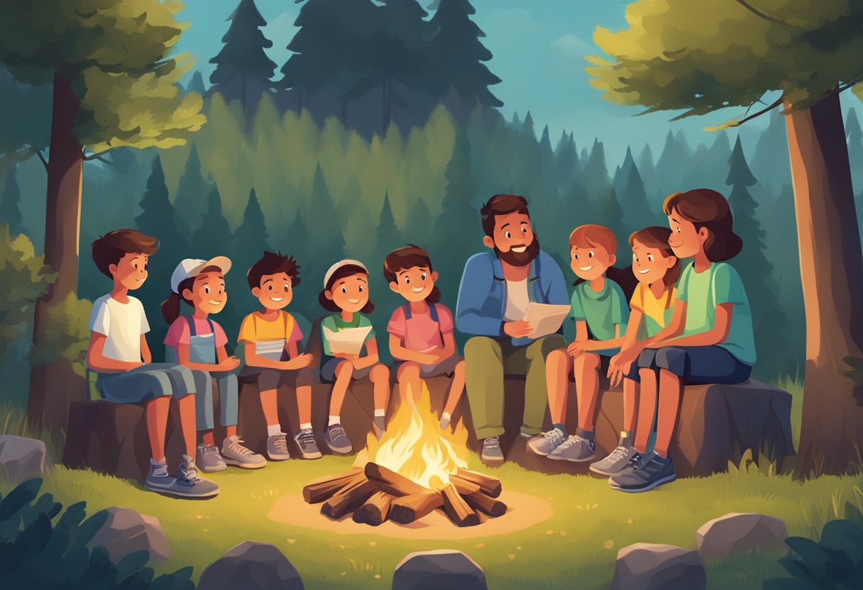 A group of children gather around a campfire, listening eagerly as an adult talks to them about tax deductions for summer camp