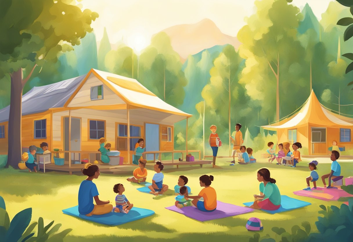 A sunny summer camp transforms into a childcare setting. Families discuss tax deductions