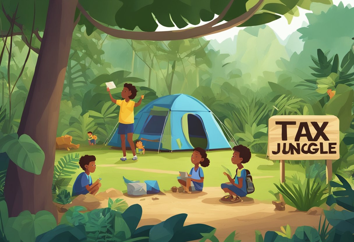 A jungle scene with a sign reading "Tax Jungle" and a campsite with kids playing. A person is talking to a family about tax deductions