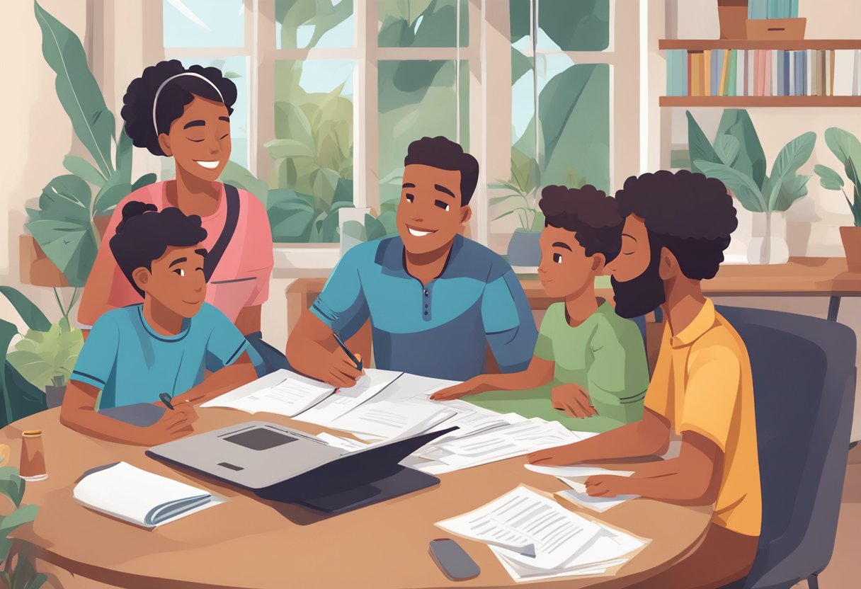 A family sits at a table, surrounded by paperwork and a laptop. They are discussing tax deductions for their kids' summer camp while planning for next year's camp