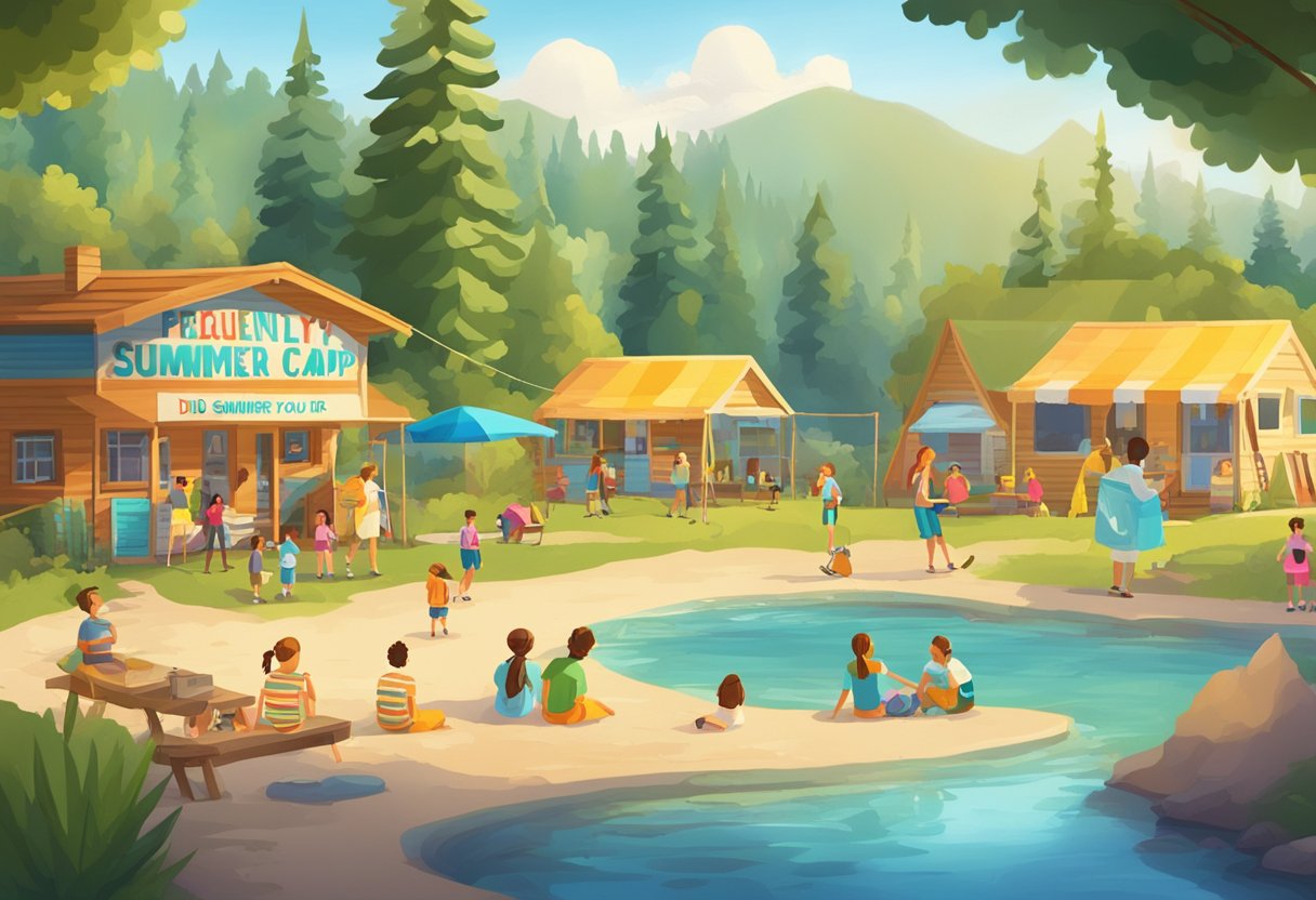 A bright and inviting summer camp scene with a sign that reads "Frequently Asked Questions: Did you know your kids' summer camp could be tax-deductible? Let's chat about maximizing your family."