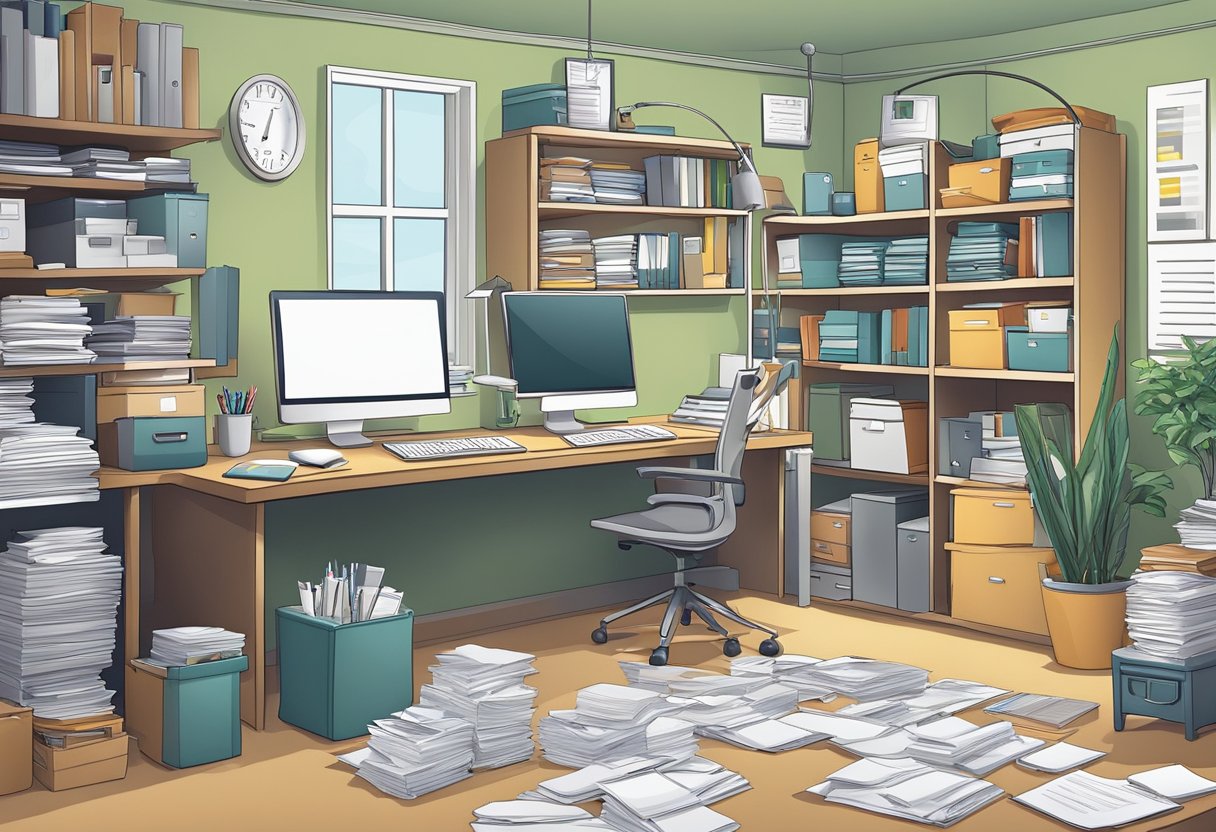 A cluttered home office with paperwork, receipts, and a computer. Organize shelves, files, and desk for tax deductions