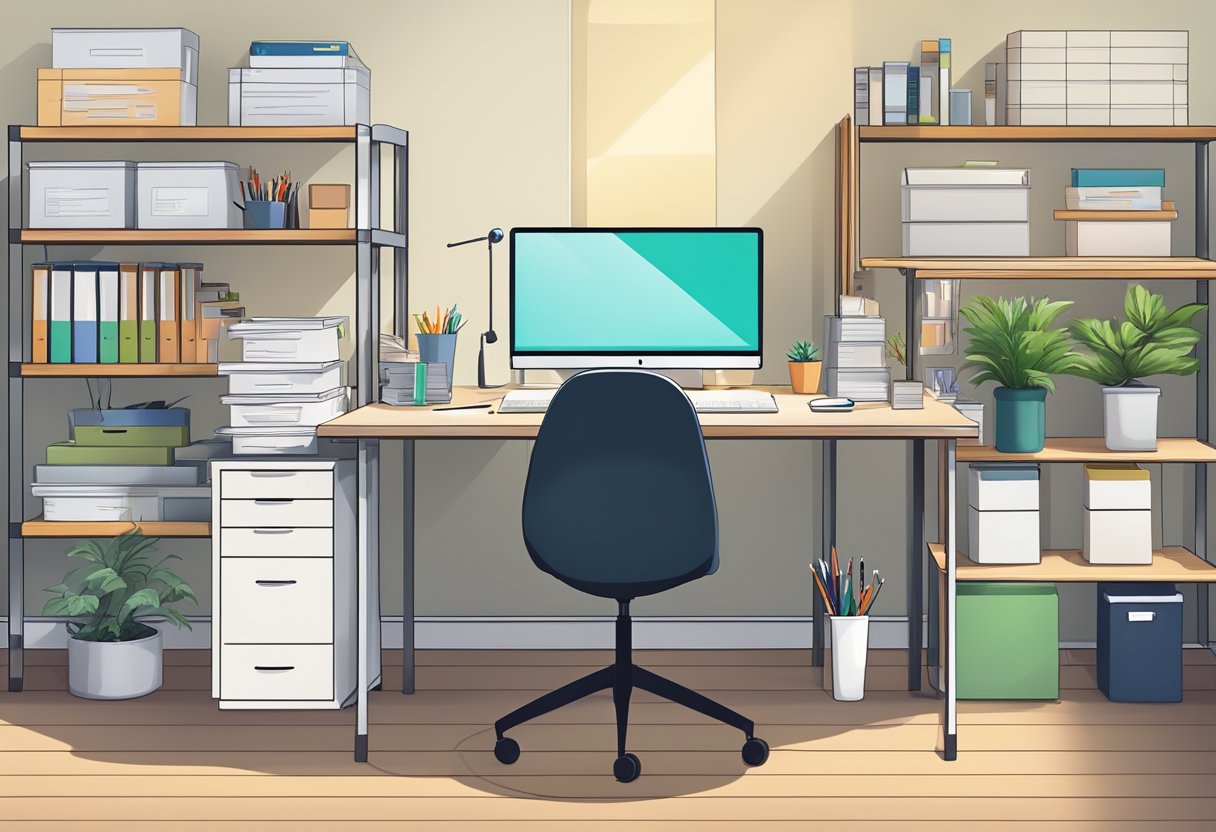 A tidy home office with organized files, labeled shelves, and a designated work area. A computer sits on a clean desk, surrounded by office supplies