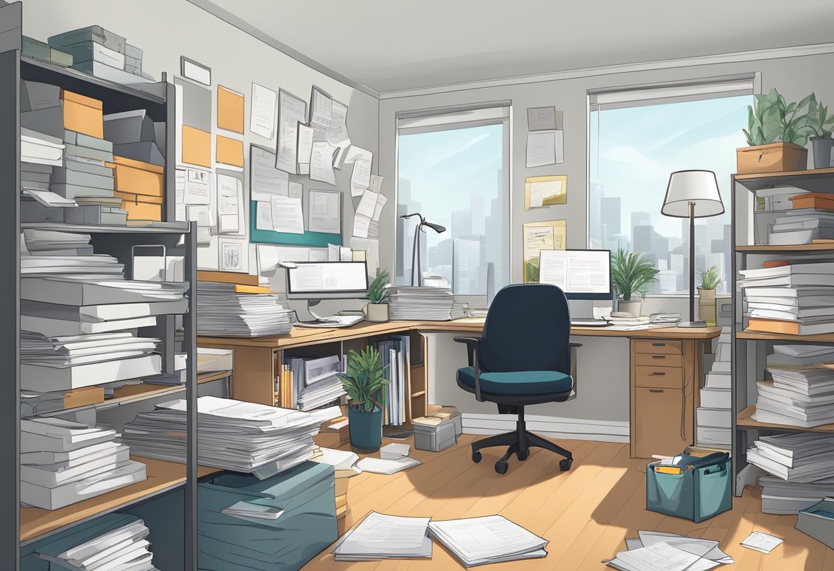 A cluttered home office with scattered papers and disorganized shelves. A clear desk with labeled folders and neatly stacked supplies