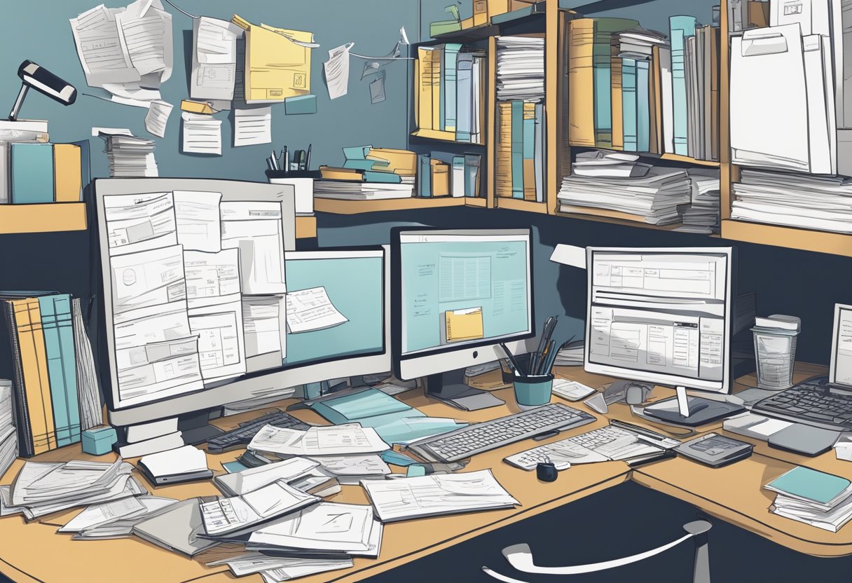A cluttered home office with scattered receipts, bills, and a messy desk. A computer and calculator sit among the chaos, while a file organizer and labeled folders offer a solution for maximizing tax deductions