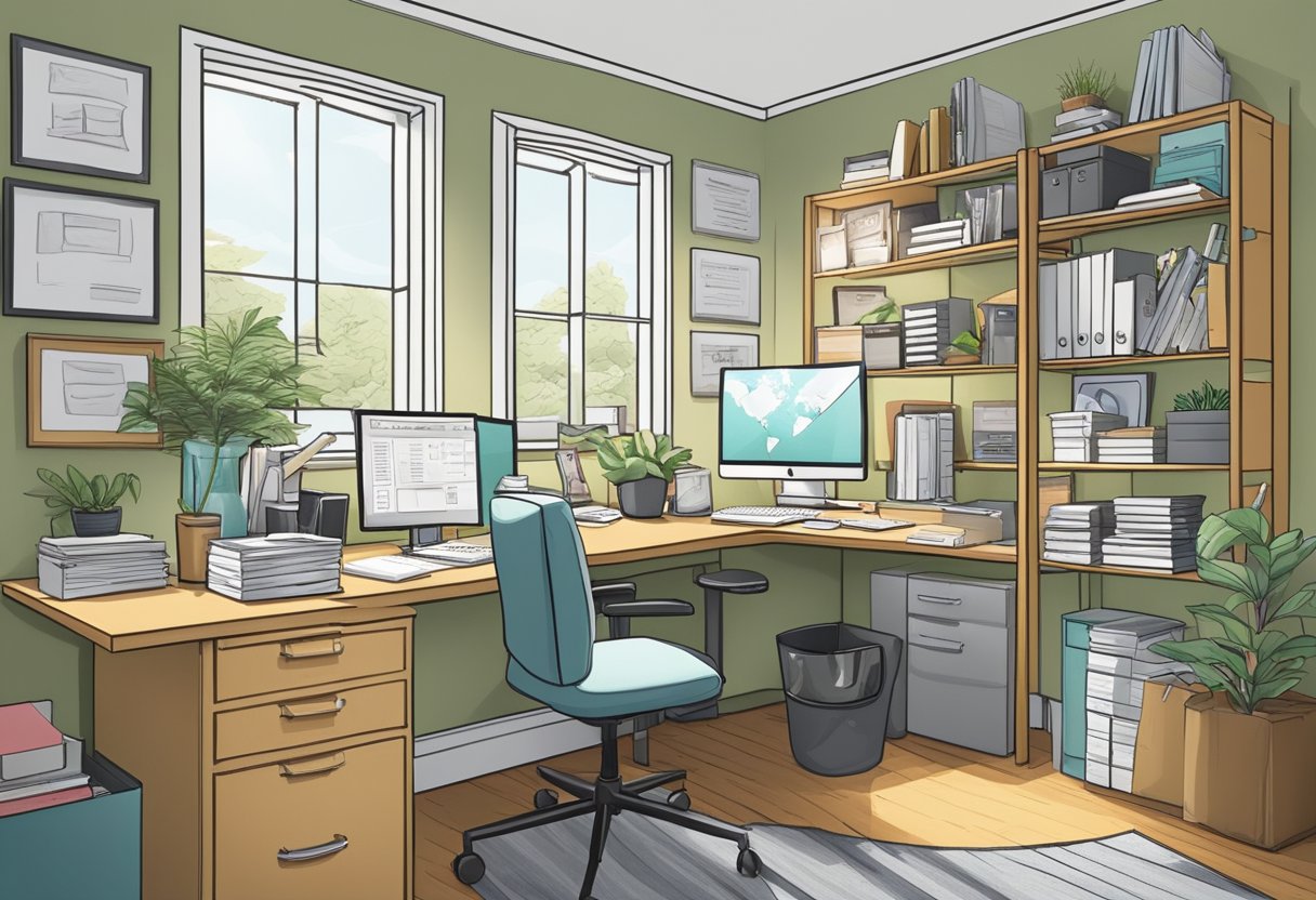 A cluttered home office transforms into an organized space with labeled filing cabinets, a tidy desk, and a clear workspace for maximum productivity and tax deductions