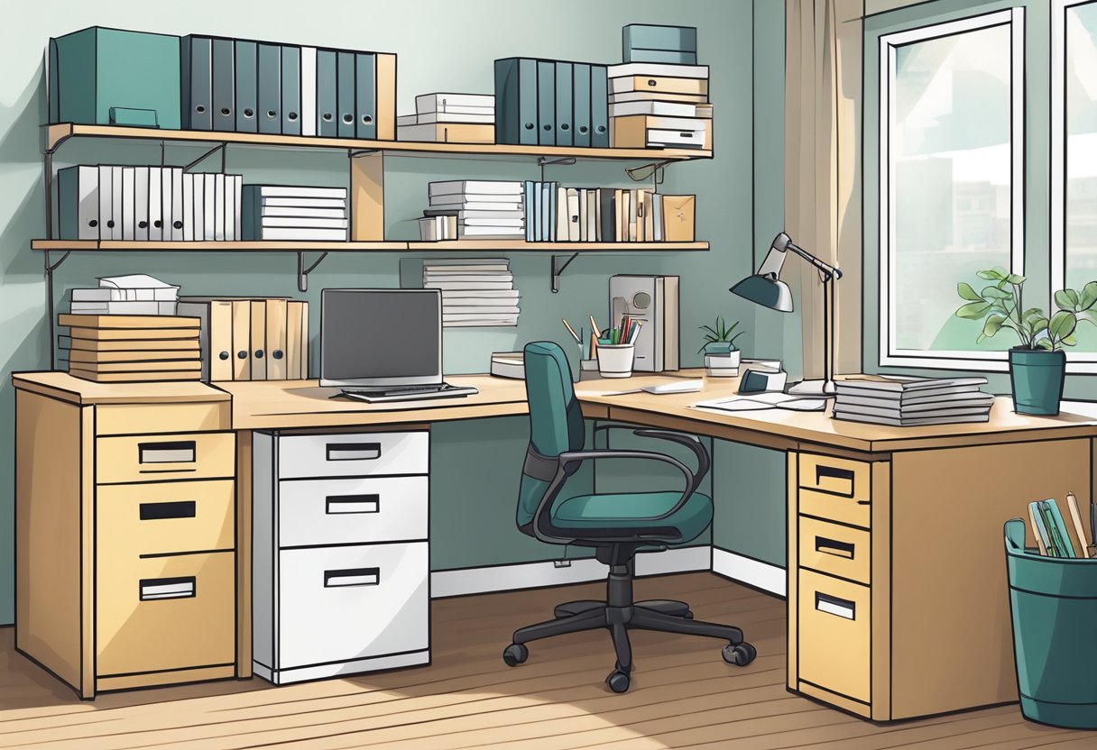 A tidy home office with organized files, a clutter-free desk, and labeled storage bins for maximum tax deductions