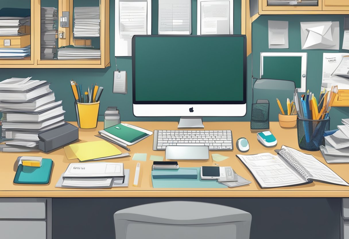 A cluttered home office transformed into organized space for tax deductions. Files neatly labeled, desk clear, and technology in place