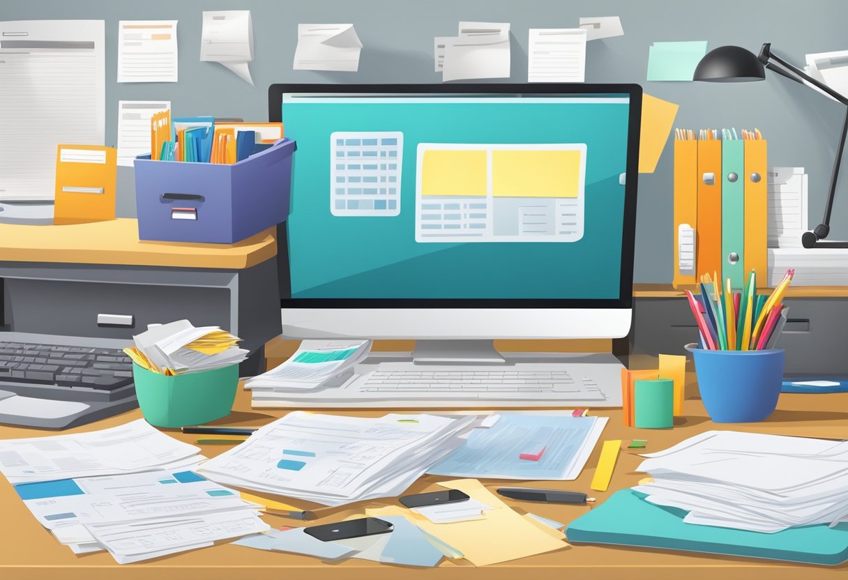 Desk covered in papers, folders, and receipts. Overflowing filing cabinet. Calculator and laptop on cluttered surface. Brightly colored tabs and labels for organization