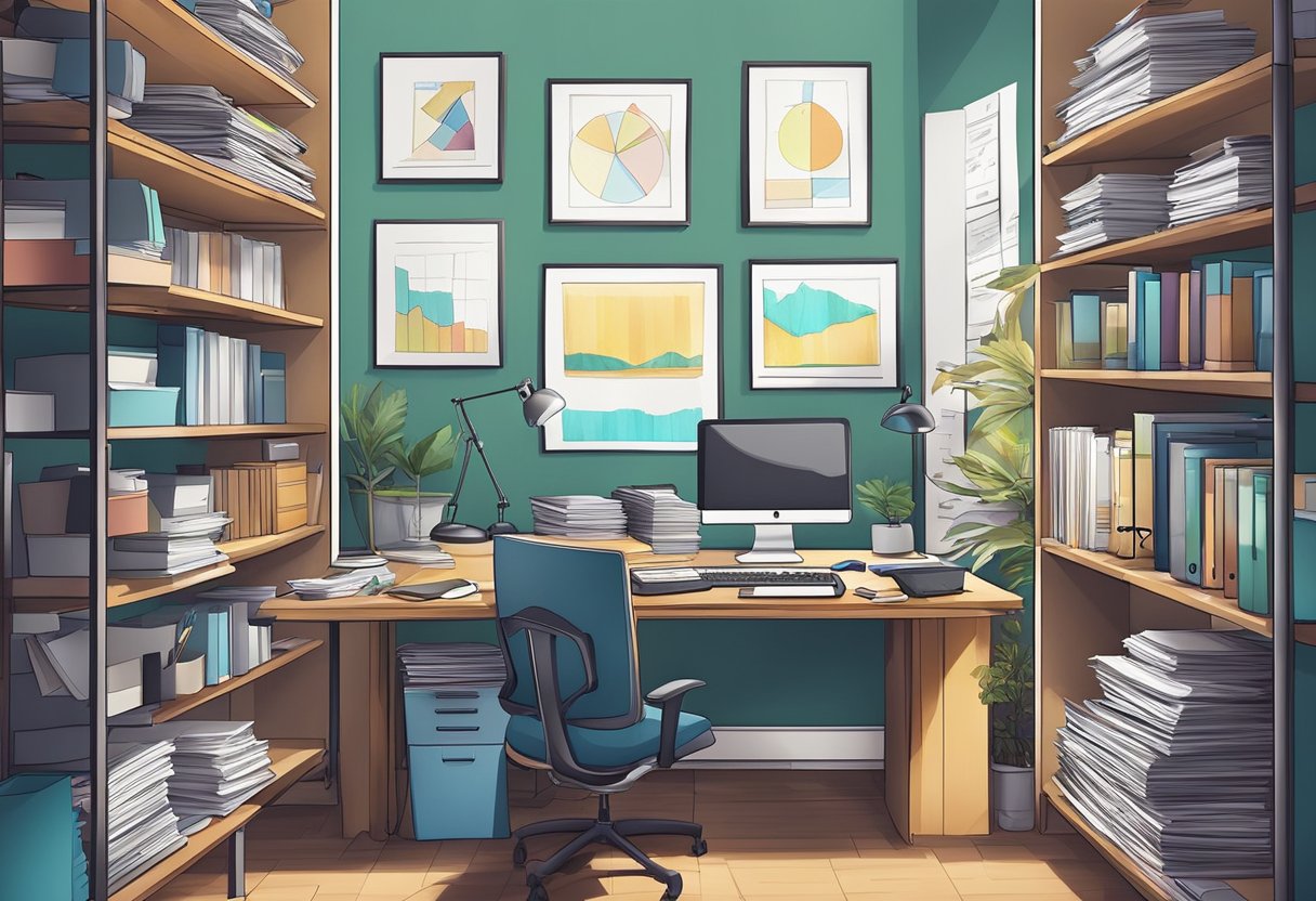 A cluttered home office with paperwork scattered on the desk, shelves filled with files, and a computer surrounded by office supplies