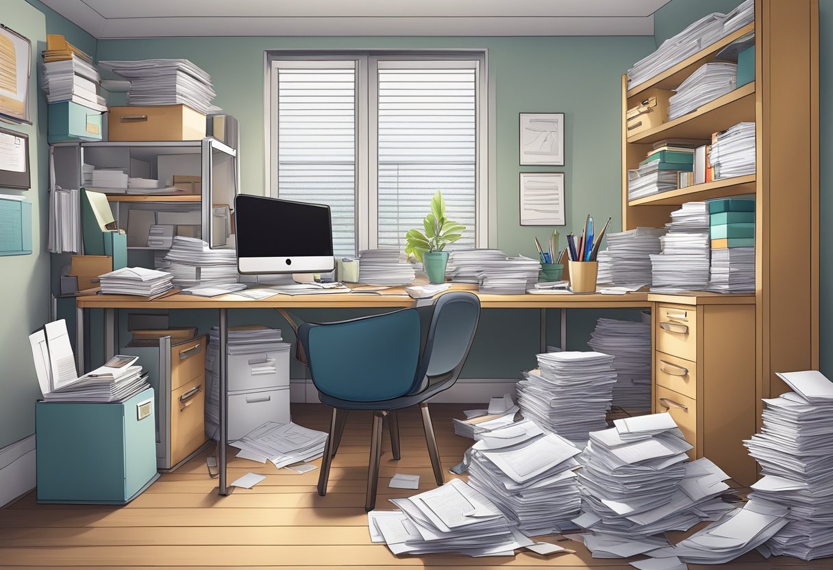 A cluttered home office with paperwork, receipts, and office supplies scattered across the desk and floor. A filing cabinet and shelves are overflowing with documents