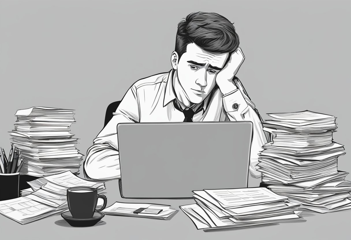 A young entrepreneur sits at a desk, surrounded by paperwork and a laptop. A worried expression on their face as they contemplate taxes