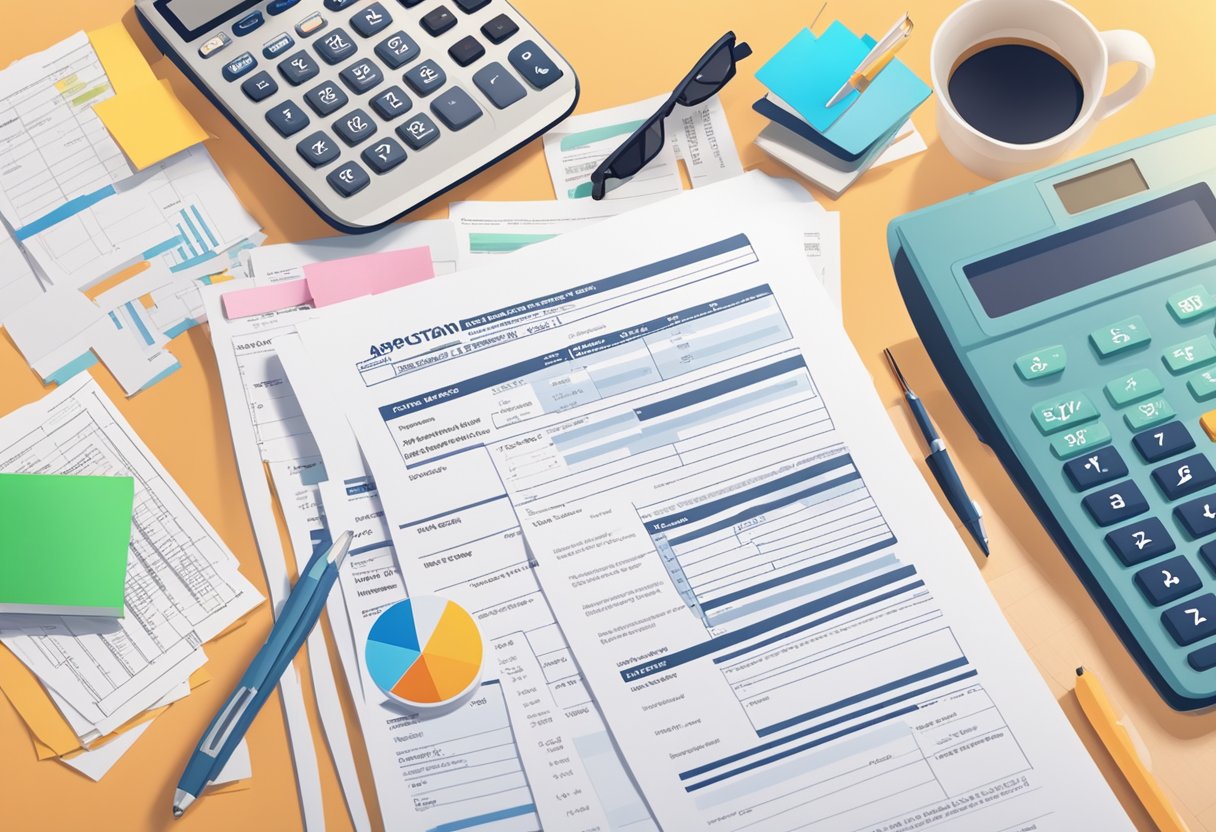 A stack of colorful tax forms and a calculator sit on a cluttered desk, surrounded by scattered receipts and a laptop open to a tax preparation website