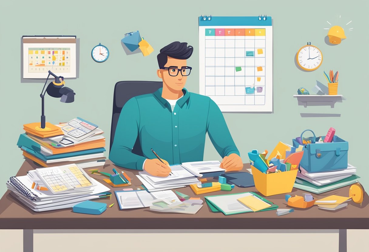 A young entrepreneur sits at a cluttered desk, surrounded by baby toys and business papers. A calendar on the wall shows the approaching tax deadline