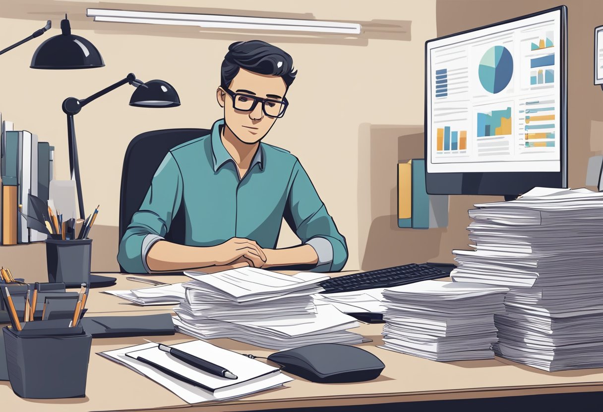 A small business owner sits at a desk, surrounded by paperwork and a computer. They look determined, with a sense of urgency as they organize their finances and plan for tax success