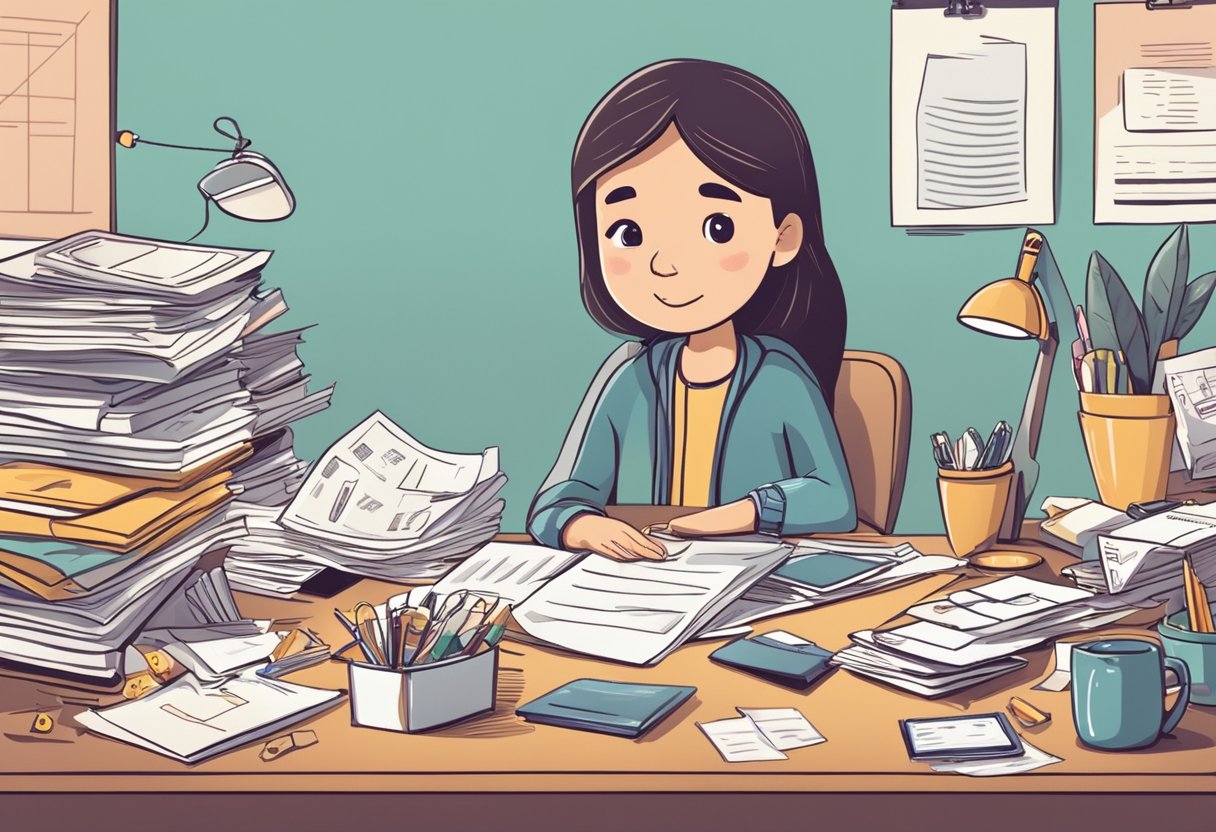 A young parent entrepreneur sits at a cluttered desk, surrounded by baby items and business documents. They furrow their brow, pondering tax deductions and credits