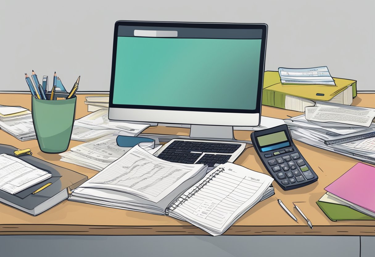 A cluttered desk with a laptop, calculator, and stack of receipts. A calendar with tax deadlines circled. A worn diary open to a page titled "Record Keeping."