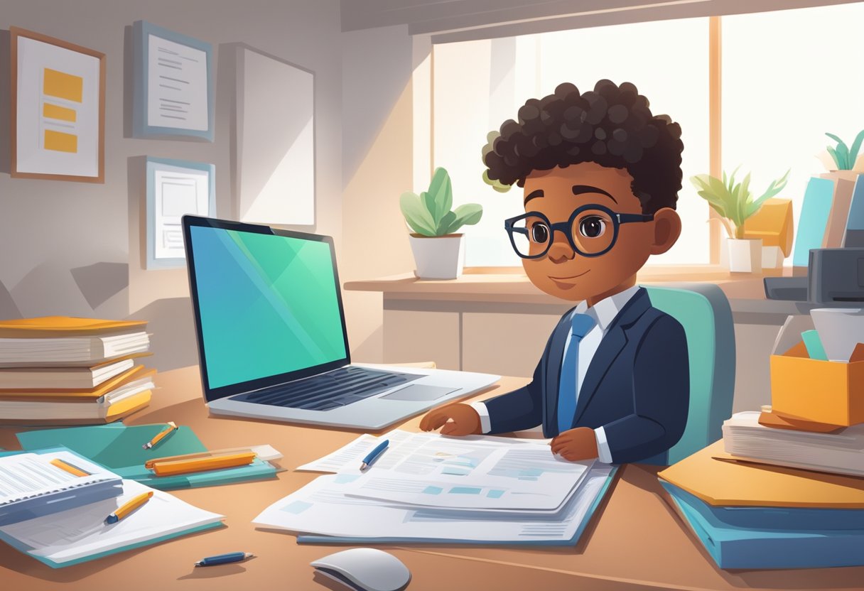 A young entrepreneur sits at a desk, surrounded by paperwork and a computer. A baby's toy sits nearby, symbolizing the dual roles of parent and business owner