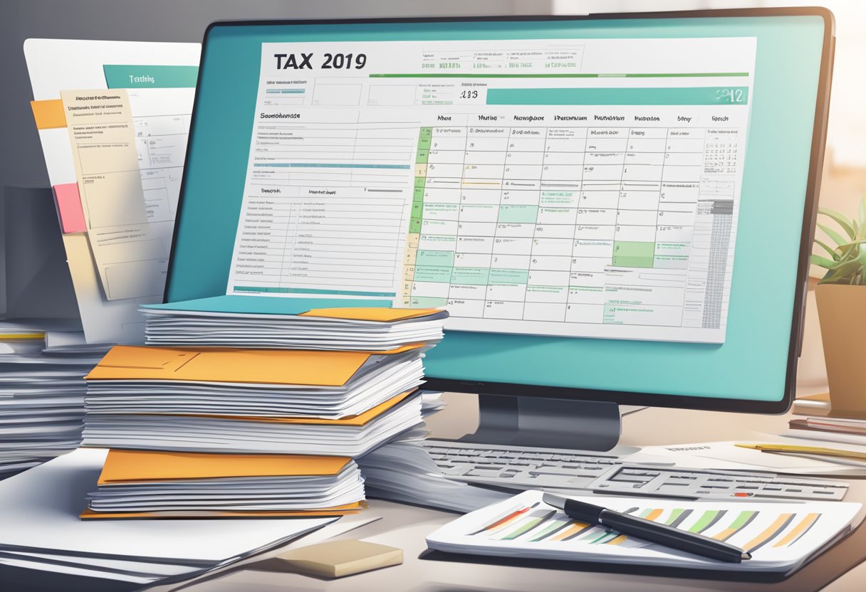 A stack of business documents, a computer with tax forms on the screen, and a calendar with tax deadlines highlighted