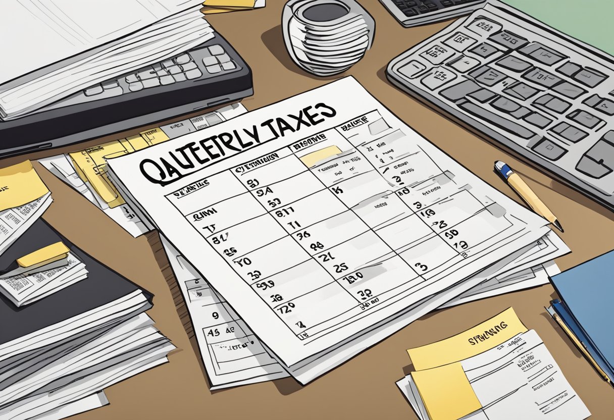 A stack of paperwork labeled "Quarterly Taxes" sits on a cluttered desk, alongside a calculator and a worried expression. The calendar on the wall shows the looming deadline
