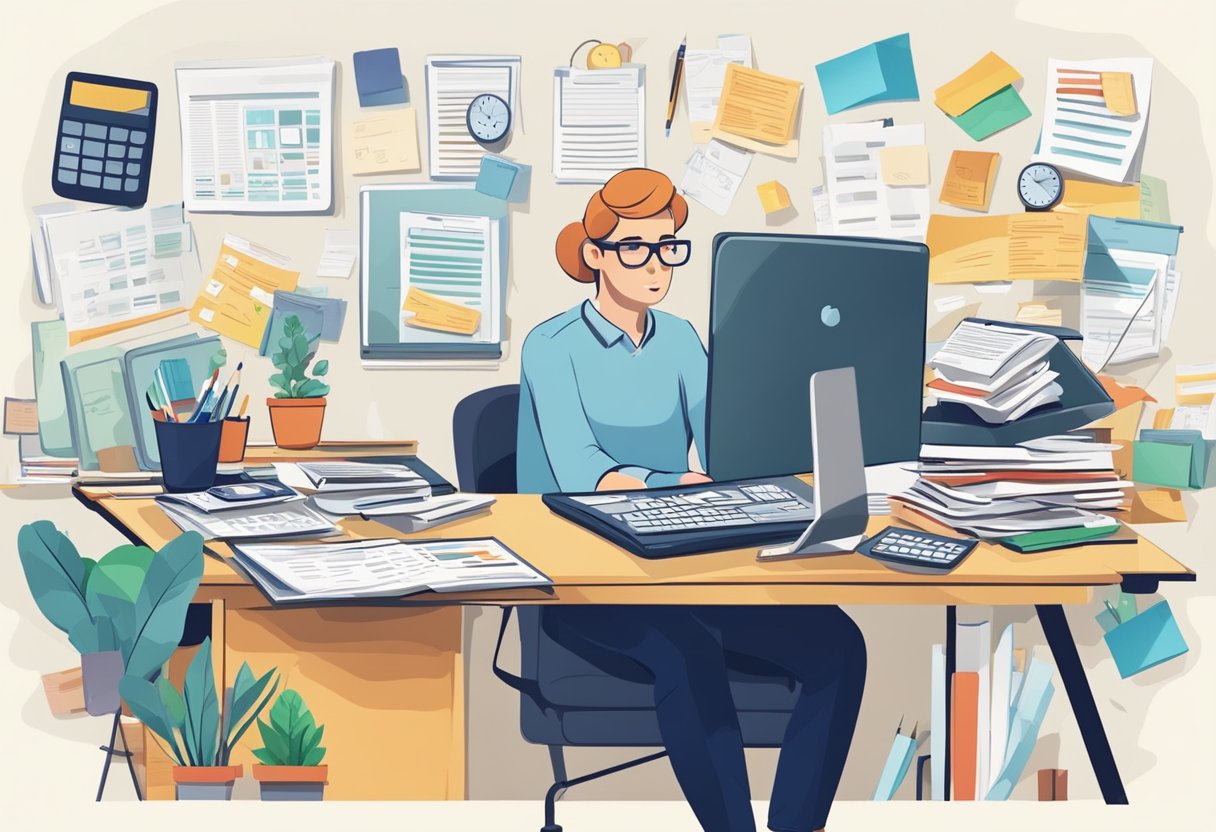A cluttered desk with a laptop, calculator, tax forms, and business resources. A stressed parent entrepreneur looks overwhelmed