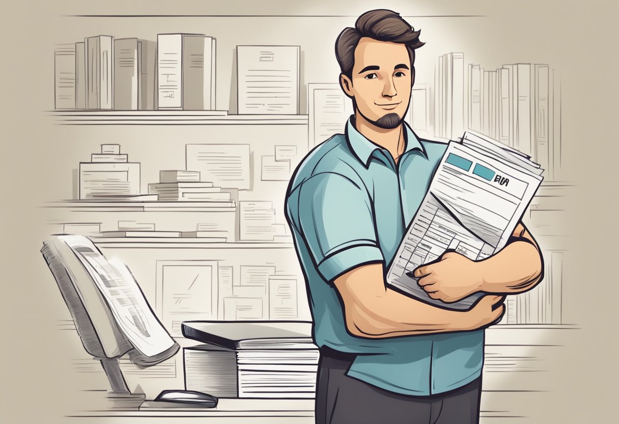 A confident new parent entrepreneur stands proudly with a tax form in hand, ready to tackle their financial responsibilities