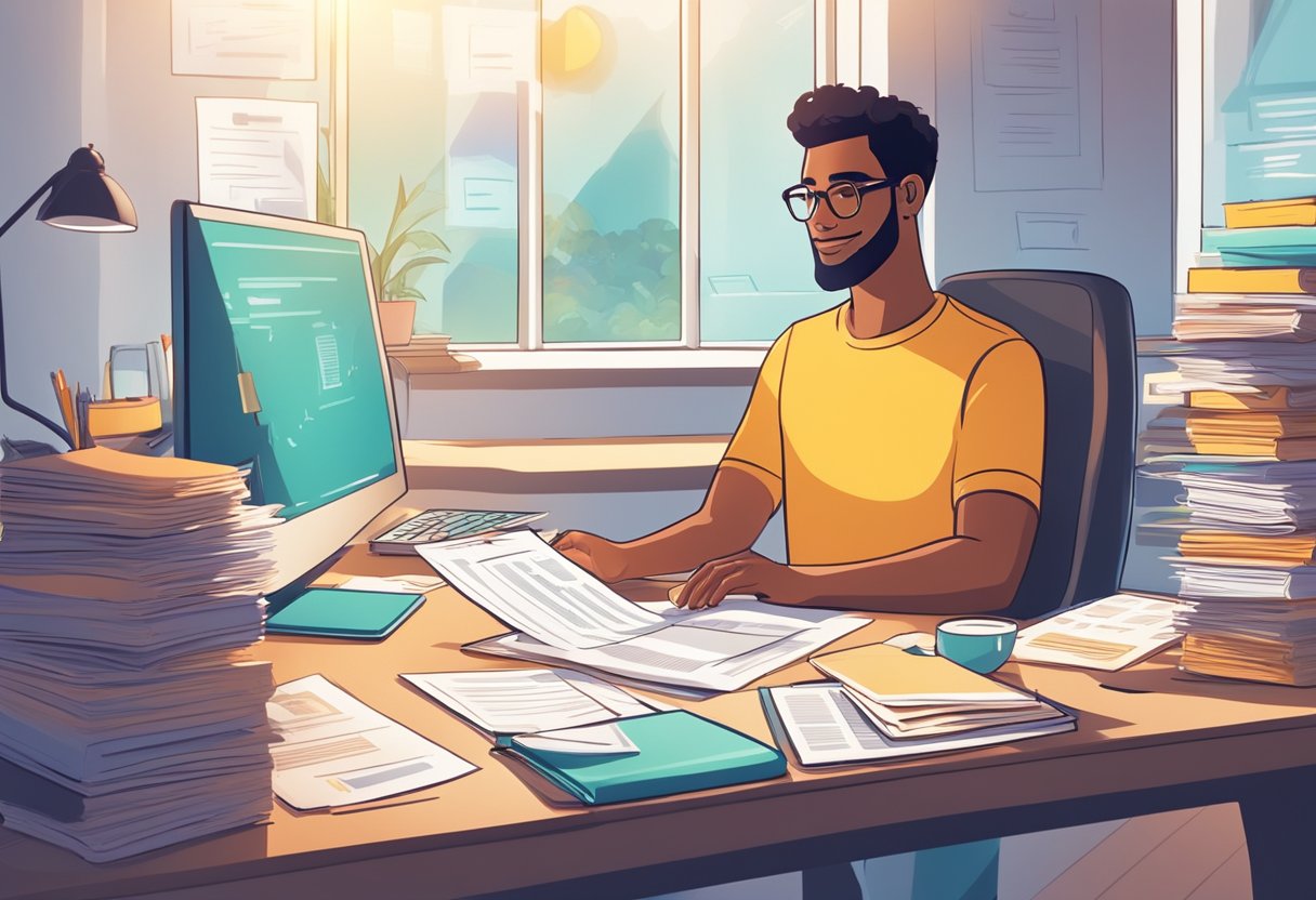 A parent entrepreneur sits at a desk with a computer, surrounded by paperwork and tax forms. A bright light shines on the desk, highlighting the importance of tax preparation for new businesses