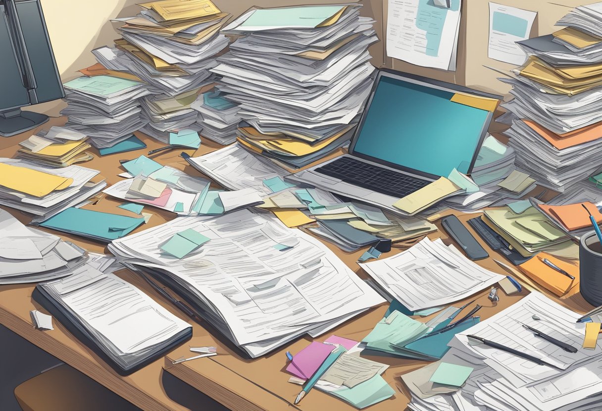 A cluttered desk with scattered receipts, a confused parent entrepreneur, an overflowing inbox, missed deadlines, and a pile of unorganized financial documents