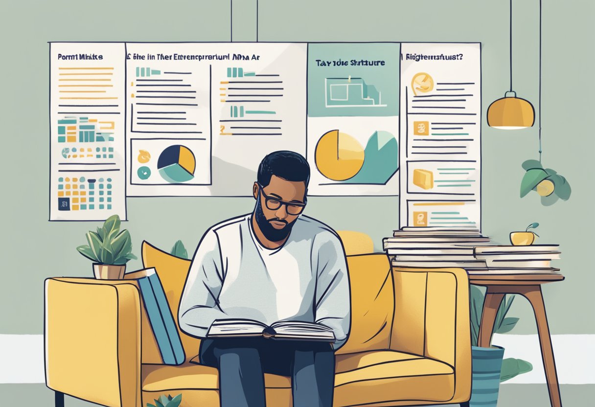 A person reading a book titled "Decoding the Entrepreneurial DNA: Are You in the Right Tax Structure?" with a list of "The 5 biggest tax mistakes I see parent entrepreneurs make (and how to avoid them)" beside them
