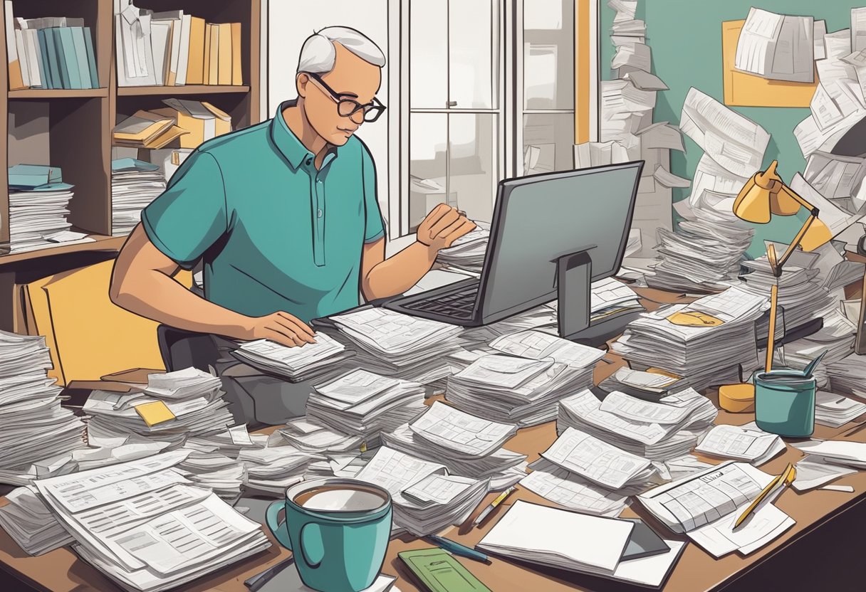 A cluttered desk with scattered receipts, bills, and unorganized files. A calendar with important tax deadlines circled. A stressed parent entrepreneur surrounded by chaos