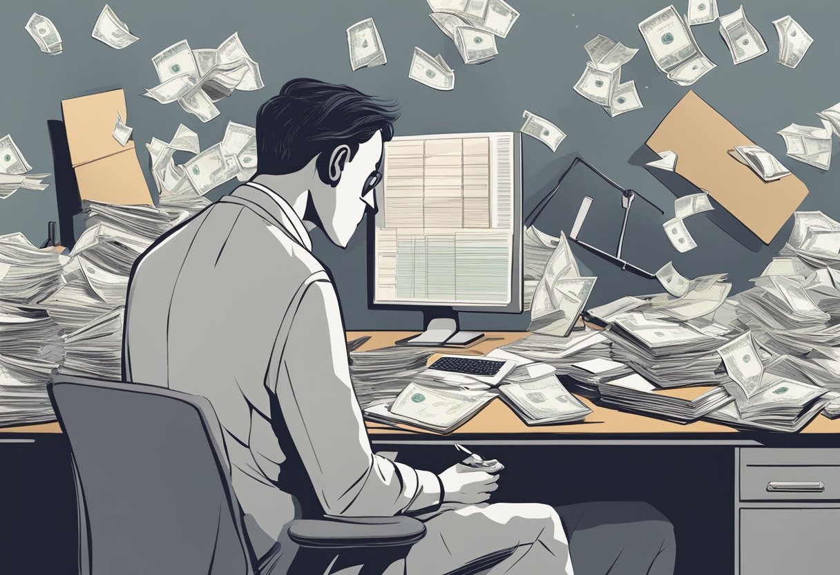 A cluttered desk with scattered financial documents, a calculator, and a worried expression on a faceless figure's silhouette