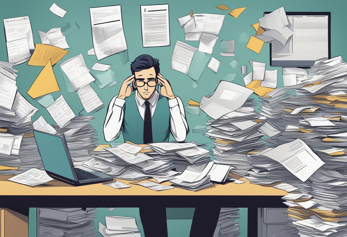 A cluttered desk with scattered paperwork and a computer screen displaying tax forms. A stressed entrepreneur looks overwhelmed by payroll and tax responsibilities