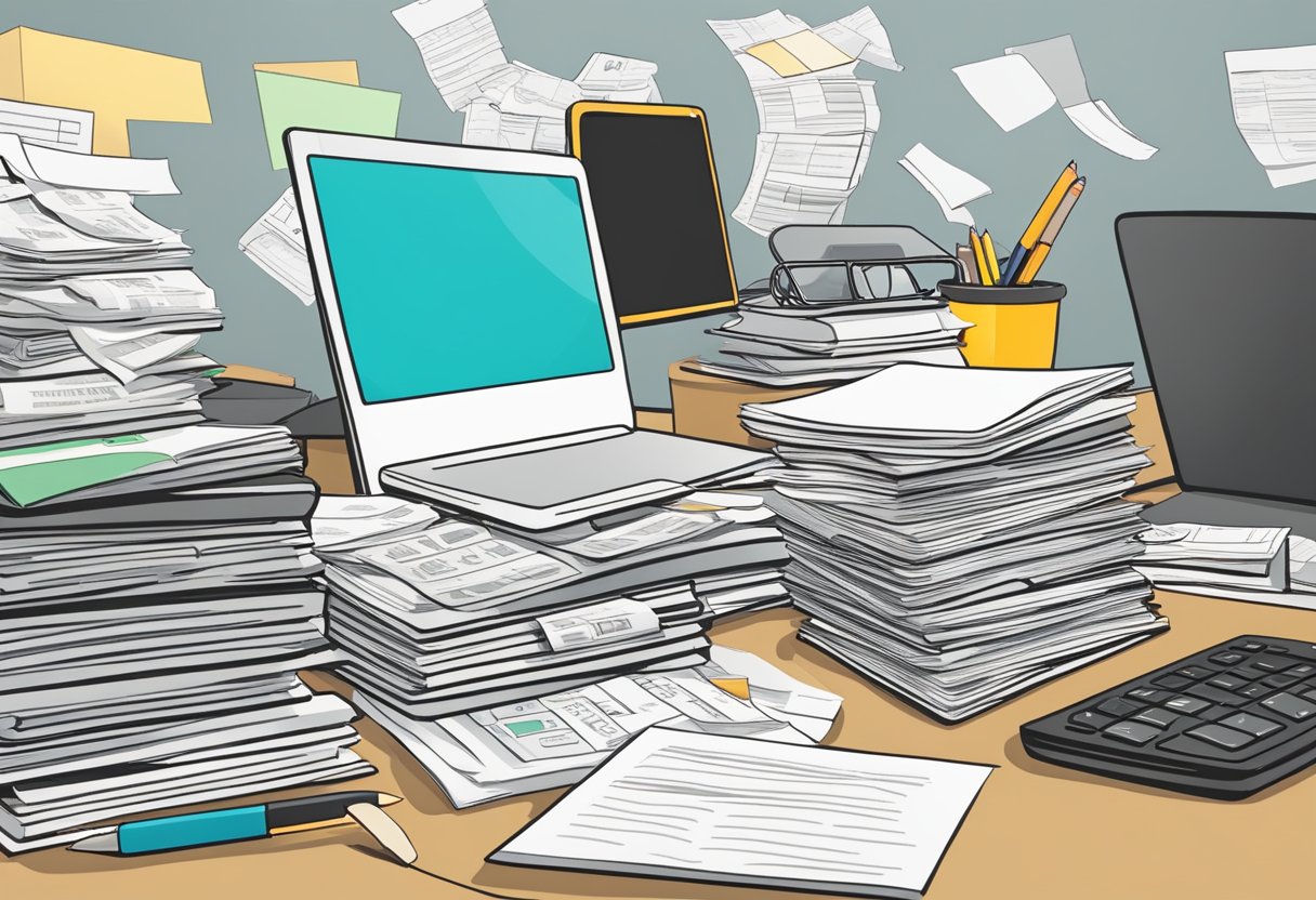 A desk cluttered with receipts, a calculator, and a laptop. A stack of tax forms and a highlighted book titled "Strategic Spending" sit nearby